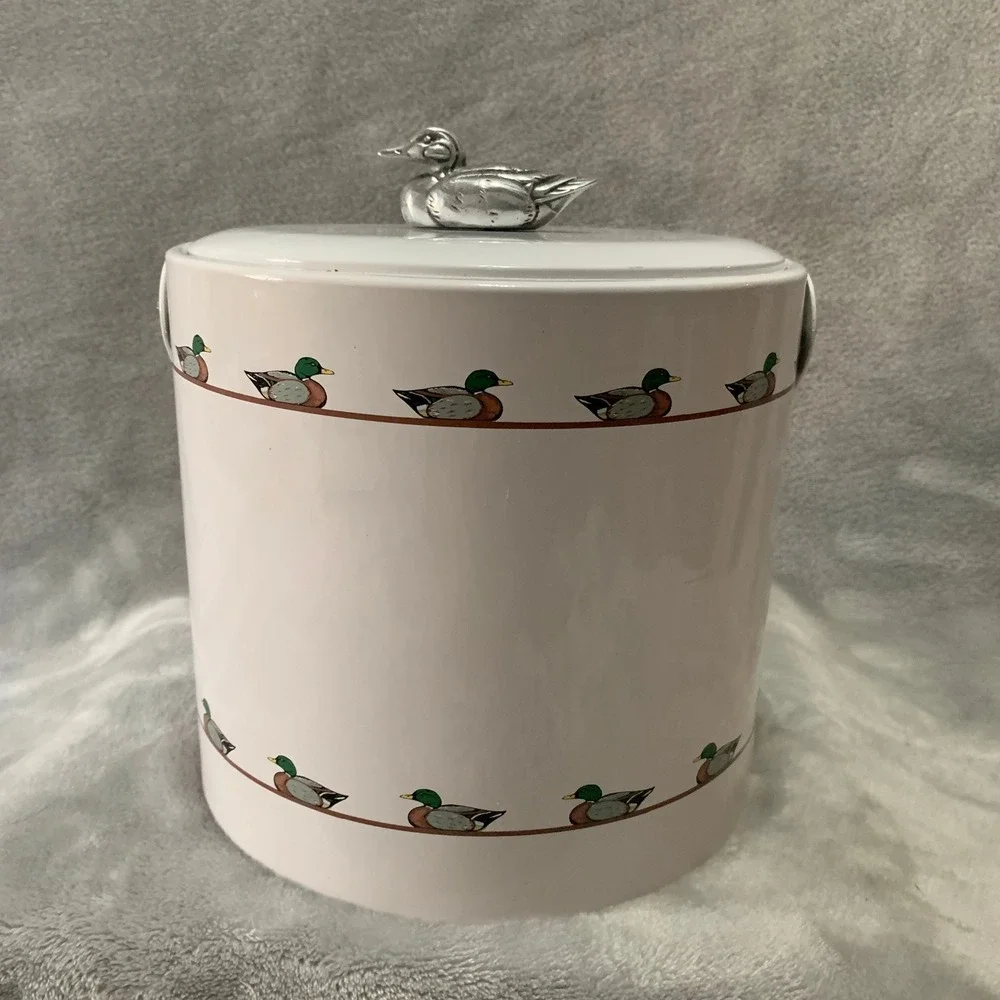 Georges Briard Vintage Mallard Duck Ice Bucket White Silver Finial Barware MCM